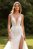Ivory Lace Deep V-Neck Mermaid Sweep Train Wedding Dress with High Slit