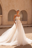 Ivory A Line Strapless Sweep Train Lace Appliqued Wedding Dress with Pockets