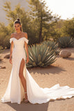Mermaid Ivory Off the Shoulder Satin Sweep Train Wedding Dress with Slit