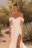 Mermaid Ivory Off the Shoulder Satin Sweep Train Wedding Dress with Slit