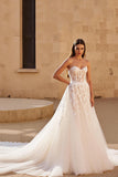 Corset Ivory Sweetheart A Line Sweep Train Wedding Dress with Lace