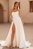 Ivory Satin A Line Strapless Sweep Train Wedding Dress with Slit
