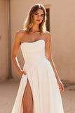 Ivory Satin A Line Strapless Sweep Train Wedding Dress with Slit