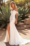 Ivory Cold Shoulder Satin Mermaid Sweep Train Wedding Dress with Slit