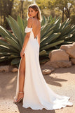 Ivory Cold Shoulder Satin Mermaid Sweep Train Wedding Dress with Slit