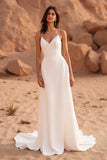 Ivory Spaghetti Straps Satin Sweep Train Simple Wedding Dress
