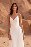 Ivory Spaghetti Straps Satin Sweep Train Simple Wedding Dress