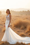 Ivory Mermaid Deep V-Neck Sweep Train Wedding Dress with Lace