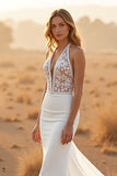 Ivory Mermaid Deep V-Neck Sweep Train Wedding Dress with Lace