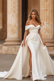 Ivory Satin Off the Shoulder Mermaid Sweep Train Wedding Dress with Slit