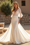 Ivory Mermaid V-Neck Half Sleeves Sweep Train Wedding Dress with Lace
