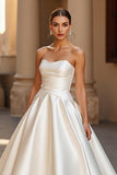 Elegant Ivory Satin Ball Gown Strapless Sweep Train Wedding Dress