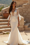 Mermaid Ivory Deep V-Neck Sweep Train Wedding Dress with Lace