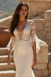 Mermaid Ivory Deep V-Neck Sweep Train Wedding Dress with Lace