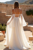Ivory Cold Shoulder A Line Chiffon Sweep Train Wedding Dress with Lace