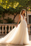 Ivory A Line Deep V-Neck Sleeveless Sweep Train Wedding Dress