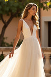 Ivory A Line Deep V-Neck Sleeveless Sweep Train Wedding Dress