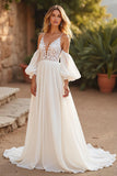 Ivory Detachable Sleeves Boho Chiffon Sweep Train Wedding Dress with Lace