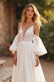 Ivory Detachable Sleeves Boho Chiffon Sweep Train Wedding Dress with Lace