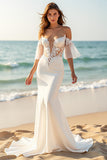 Ivory Mermaid Satin Flare Sleeves Sweep Train Beach Wedding Dress with Lace