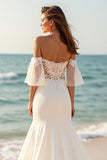 Ivory Mermaid Satin Flare Sleeves Sweep Train Beach Wedding Dress with Lace