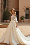 Ivory Satin 3/4 Sleeves A Line Sweep Train Wedding Dress with Lace