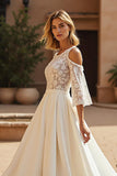 Ivory Satin 3/4 Sleeves A Line Sweep Train Wedding Dress with Lace