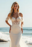 Ivory Mermaid Satin Sweep Train Beach Wedding Dress with Lace