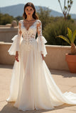 Ivory Chiffon Ruffled Sweep Train Boho Wedding Dress with Sleeves