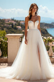 Ivory Sweetheart Tulle A Line Sweep Train Wedding Dress with Slit