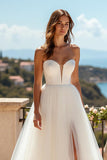 Ivory Sweetheart Tulle A Line Sweep Train Wedding Dress with Slit