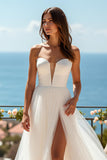 Ivory Sweetheart Tulle A Line Sweep Train Wedding Dress with Slit