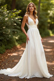 Simple Ivory Deep V-Neck Chiffon Sweep Train Boho Wedding Dress