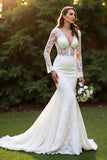 Ivory Lace Mermaid V Neck Long Sleeves Sweep Train Wedding Dress