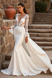 Ivory Long Sleeves Mermaid Sweep Train Wedding Dress with Cape