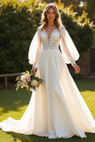 Ivory Lantern Sleeves V-Neck Boho Sweep Train Wedding Dress with Lace