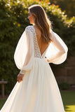 Ivory Lantern Sleeves V-Neck Boho Sweep Train Wedding Dress with Lace