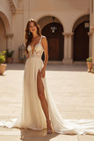Ivory V-Neck Chiffon Boho Sweep Train Wedding Dress with Slit