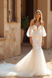 Ivory Lace Mermaid Strapless Sweep Train Wedding Dress with Sleeves