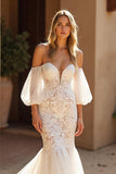 Ivory Lace Mermaid Strapless Sweep Train Wedding Dress with Sleeves