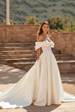 Ivory Off the Shoulder Satin A Line Sweep Train Wedding Dress with Lace