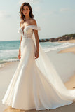 Satin Mermaid Ivory Watteau Train Beach Wedding Dress with Lace