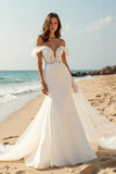 Satin Mermaid Ivory Watteau Train Beach Wedding Dress with Lace