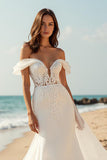 Satin Mermaid Ivory Watteau Train Beach Wedding Dress with Lace