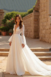 Chiffon Ivory Long Sleeves Sweep Train Boho Wedding Dress with Lace