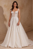 Glitter Ivory Corset Square Neck A Line Sweep Train Wedding Dress