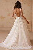 Glitter Ivory Corset Square Neck A Line Sweep Train Wedding Dress