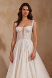 Glitter Ivory Corset Square Neck A Line Sweep Train Wedding Dress
