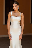 Elegant Ivory Satin Mermaid Square Neck Sweep Train Wedding Dress