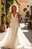 Ivory V Neck Mermaid Sweep Train Wedding Dress with Appliques